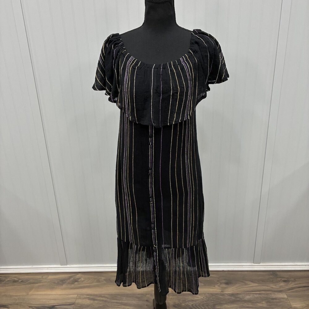 Michael Stars Women's Small Black Striped Midi Ruffle Hem Dress Hippie Bohemian